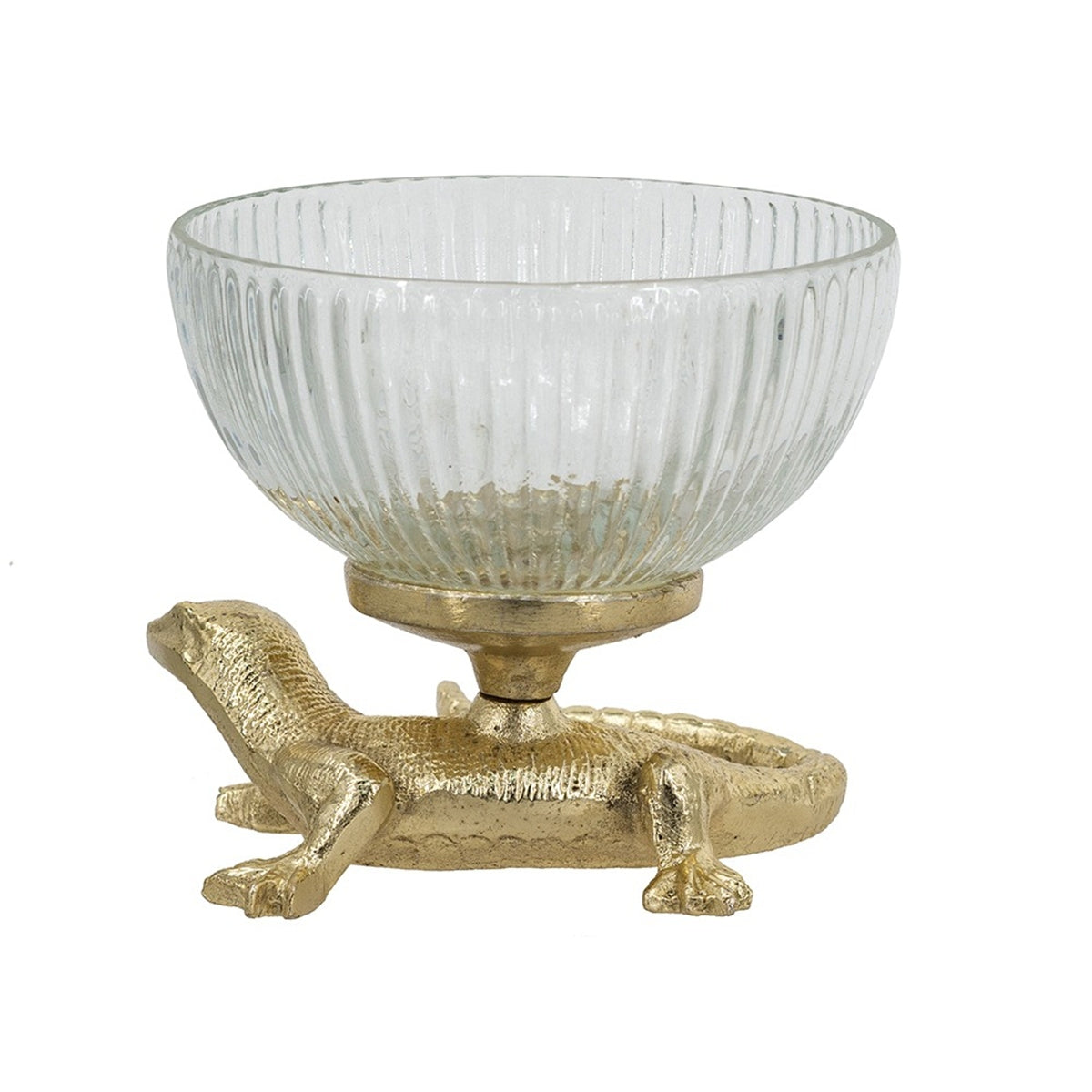 Gold lizard pedestal bowl with ribbed glass dish decorative object on Tampa Home & Garden Store
