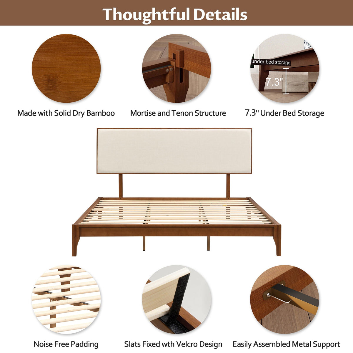 King size solid dry bamboo wood 12 inch platform bed with adjustable bamboo headboard brown on Tampa Home & Garden Store