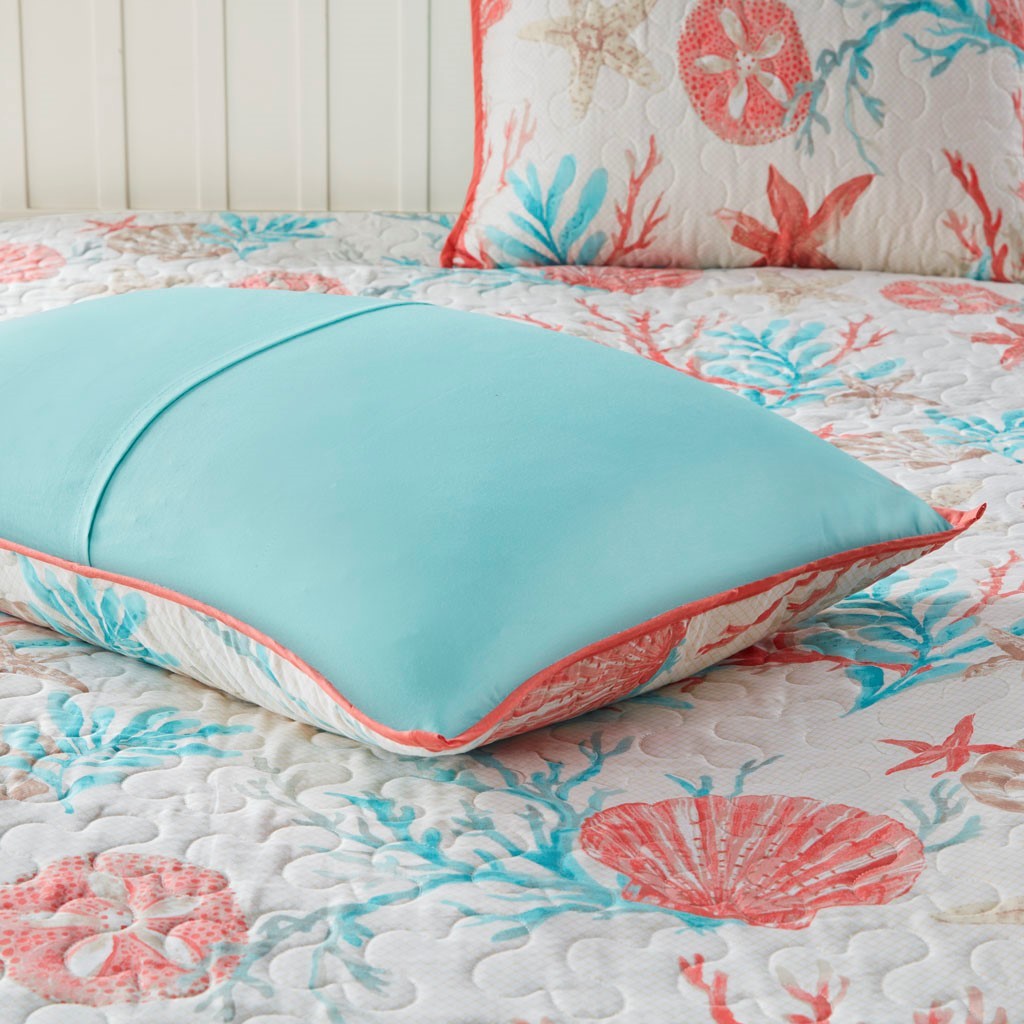 Cotton Sateen Quilt Set with Coral Decorative Pillows and turquoise pillow accent, 1 pillow on Tampa Home & Garden Store