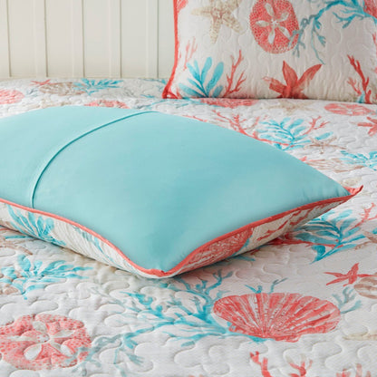 Cotton Sateen Quilt Set with Coral Decorative Pillows and turquoise pillow accent, 1 pillow on Tampa Home & Garden Store