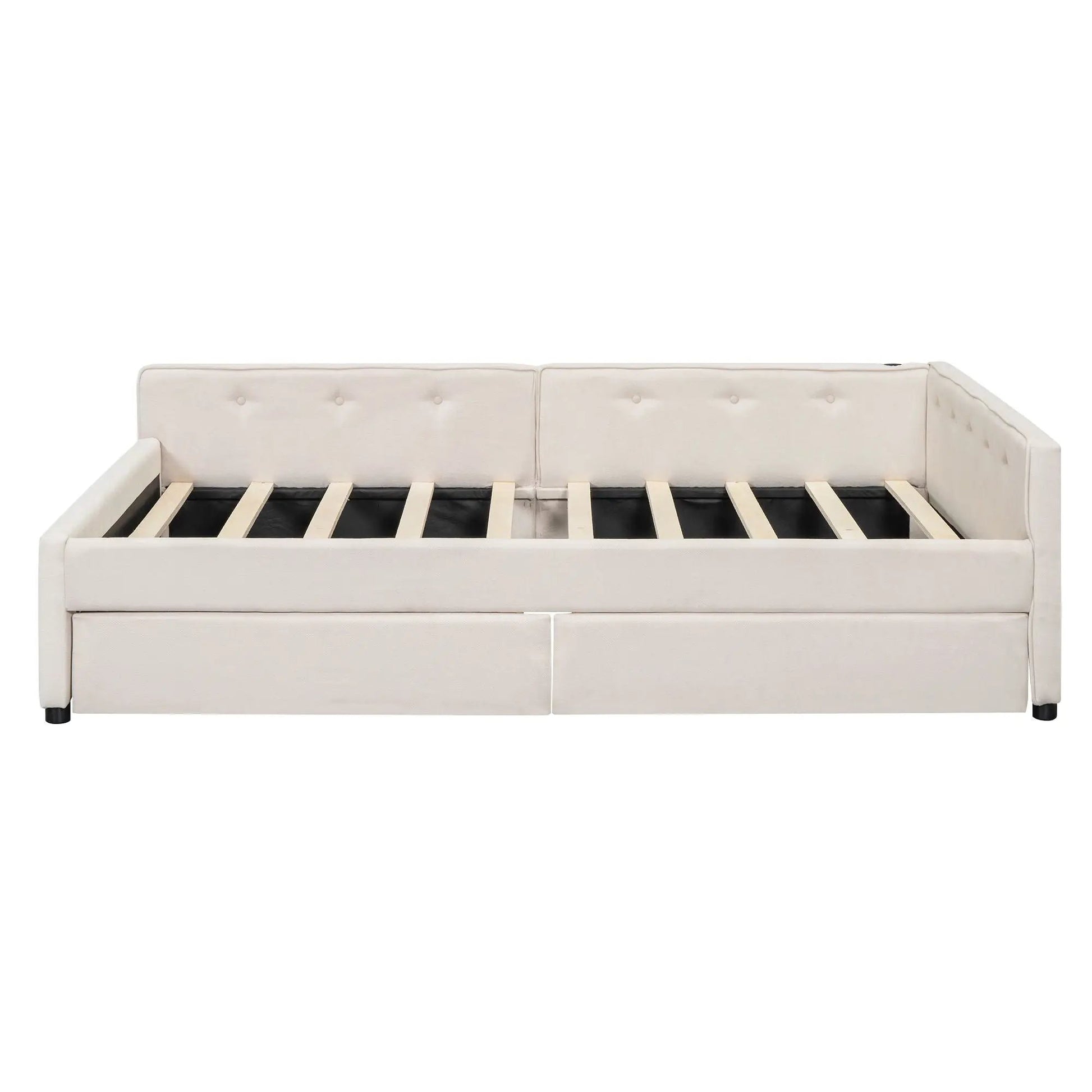 Beige upholstered platform bed with slats, trundle bed by Unique Piece Furniture on Tampa Home & Garden Store