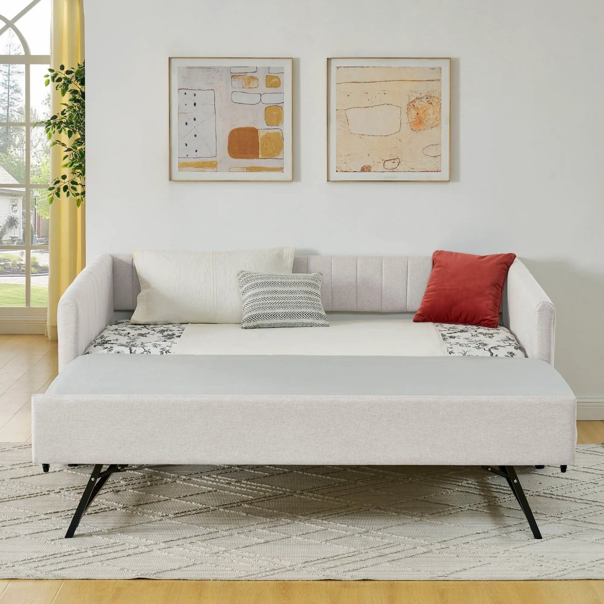 Upholstered Daybed With Trundle With Vertical Stripes gray fabric frame Unique Piece Furniture on Tampa Home & Garden Store
