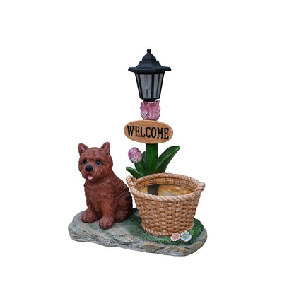 Sitting Puppy Solar Planter Outdoor Statue with brown terrier, welcome sign and wicker basket on Tampa Home & Garden Store