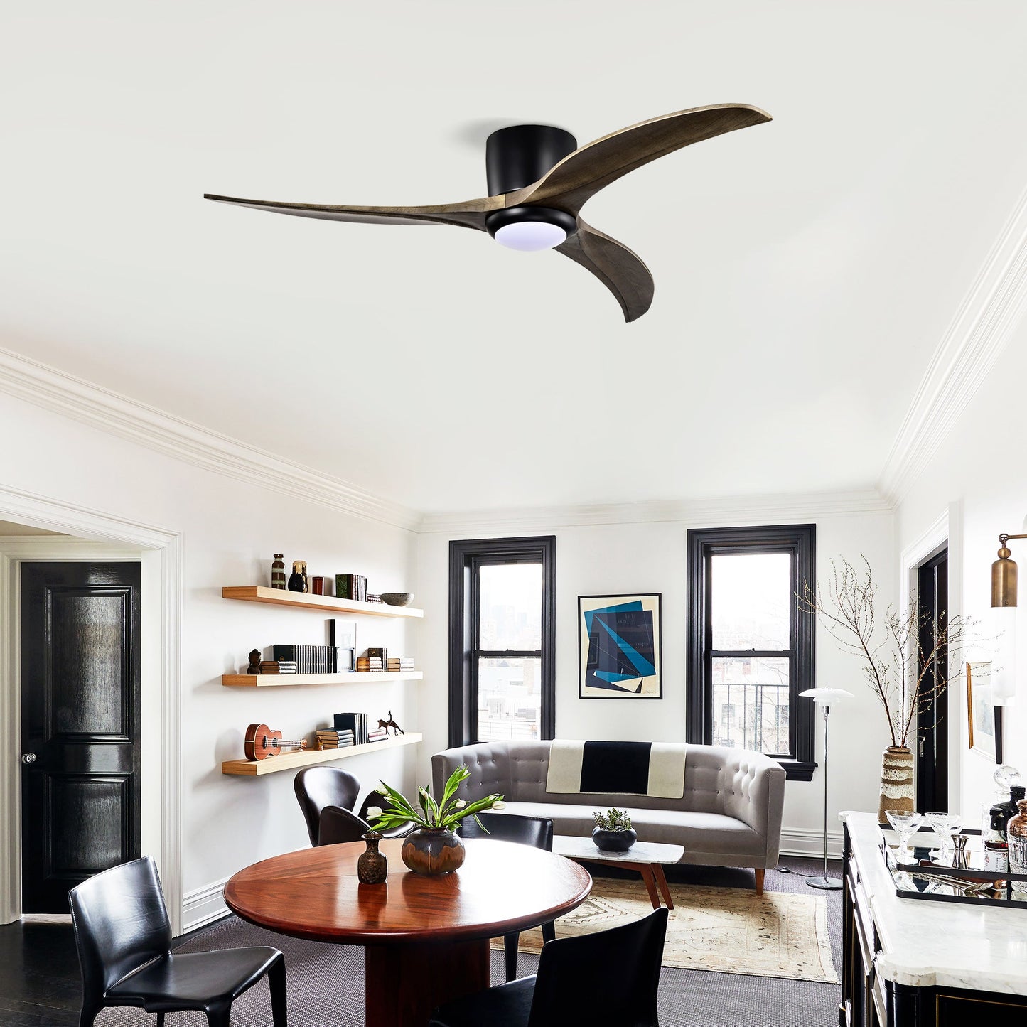 HouseOfZazla 52-inch flush-mount ceiling fan with solid wood curved blades, light, remote on Tampa Home & Garden Store