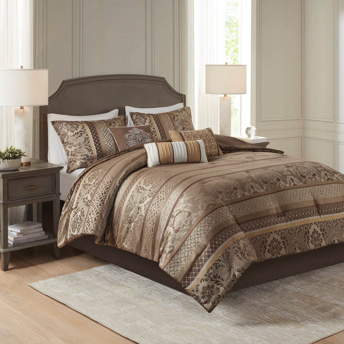 7 Piece Jacquard Comforter Set Brown/Gold Cal King HouseOfZazla on bed on Tampa Home & Garden Store