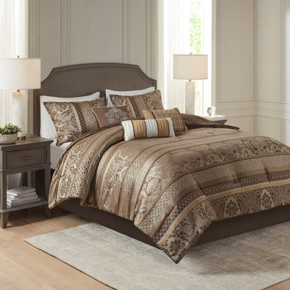 7 Piece Jacquard Comforter Set Brown/Gold Cal King HouseOfZazla on bed on Tampa Home & Garden Store