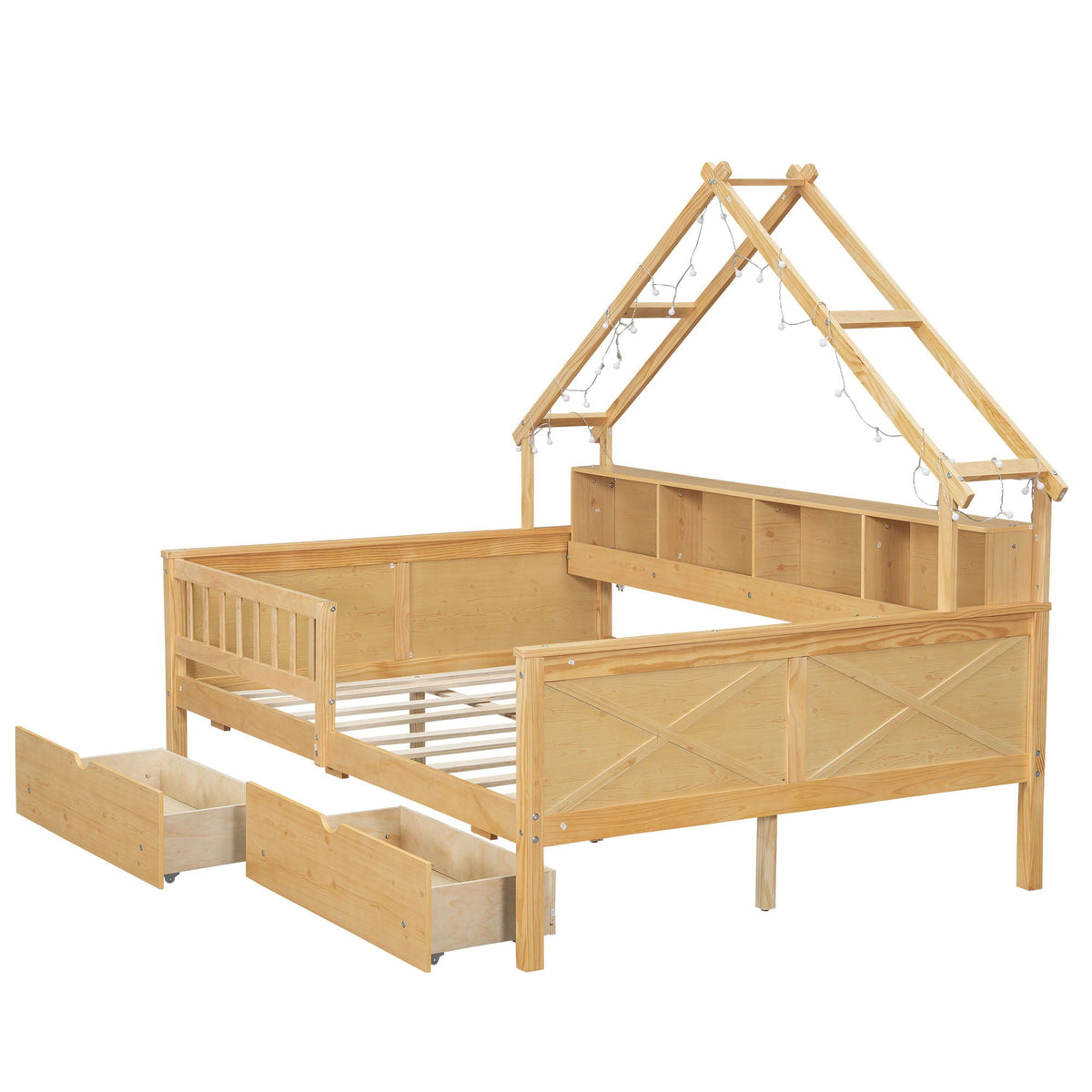 House Style Platform Bed with LED lights, guardrails and drawers and shelves in natural wood on Tampa Home & Garden Store