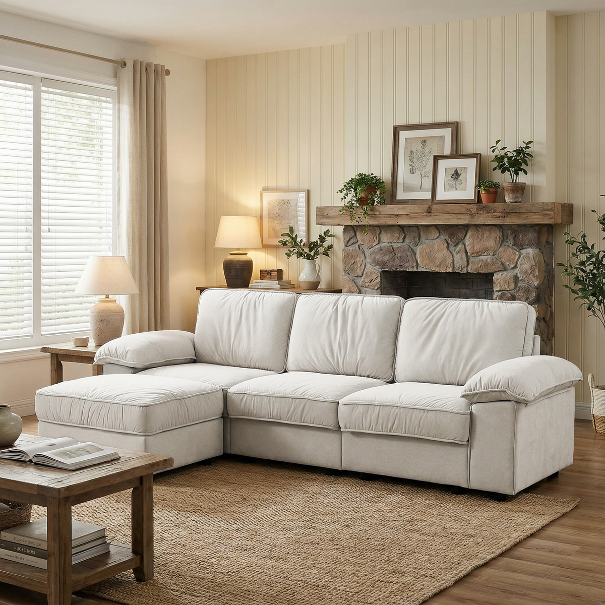 Modern L-shaped sectional sofa with ottoman, 105.5in light beige fabric in a living room on Tampa Home & Garden Store