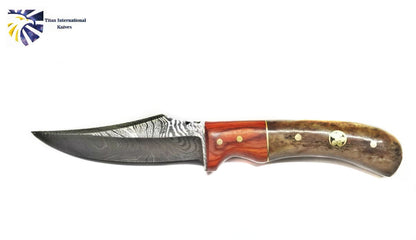 Damascus Skinner Knife with Pekka wood and dyed bone handle, brass rivets and inlay on Tampa Home & Garden Store
