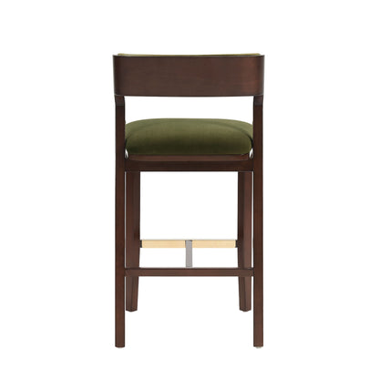 Bar Height Barstool with Backrest by HouseOfZazla, dark wood frame, olive-green cushion on Tampa Home & Garden Store