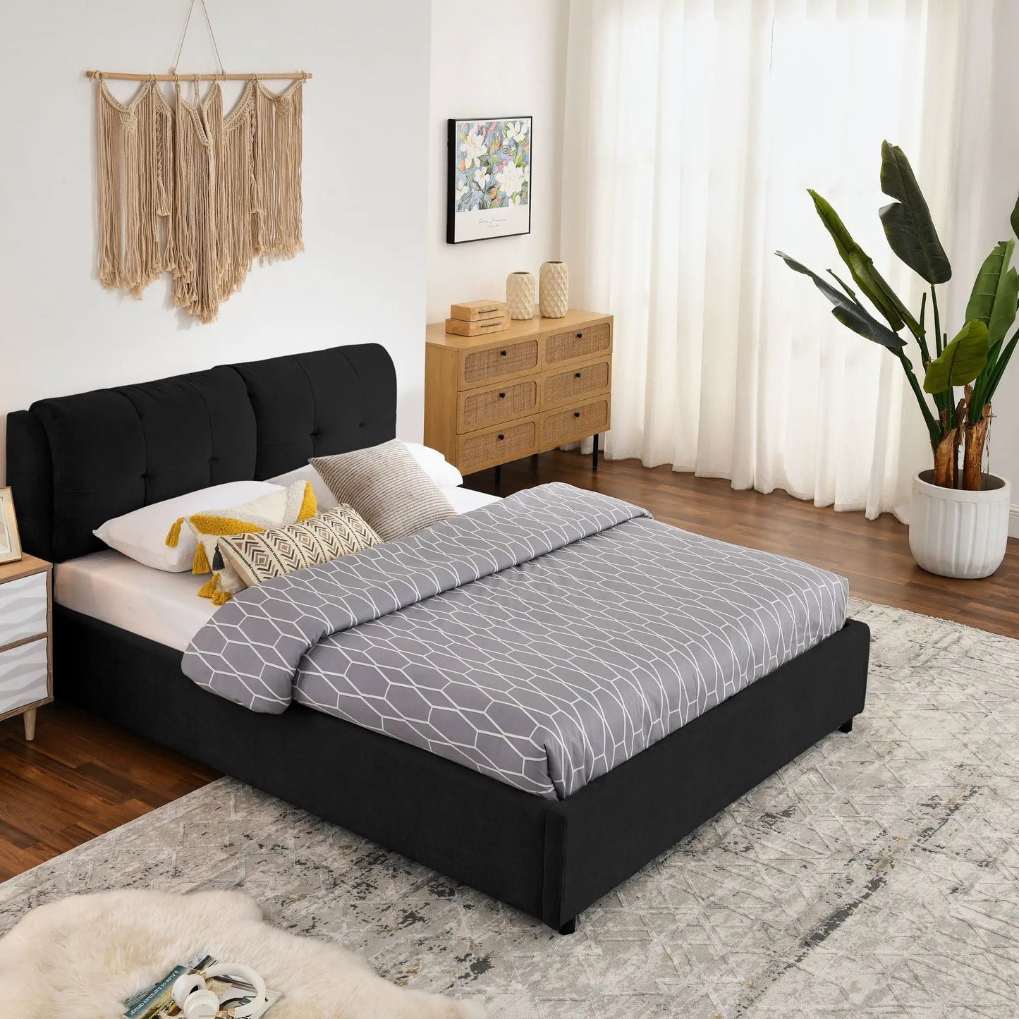 Storage upholstered hydraulic platform bed with integrated headboard in black fabric Unique Piece on Tampa Home & Garden Store