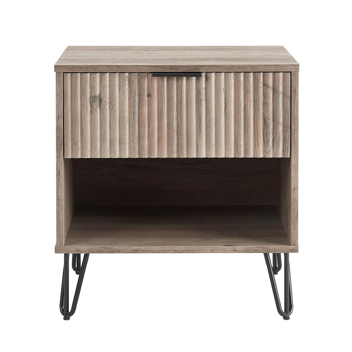 Modern Nightstand with Fluted Drawer front in light oak, black metal handle HouseOfZazla on Tampa Home & Garden Store