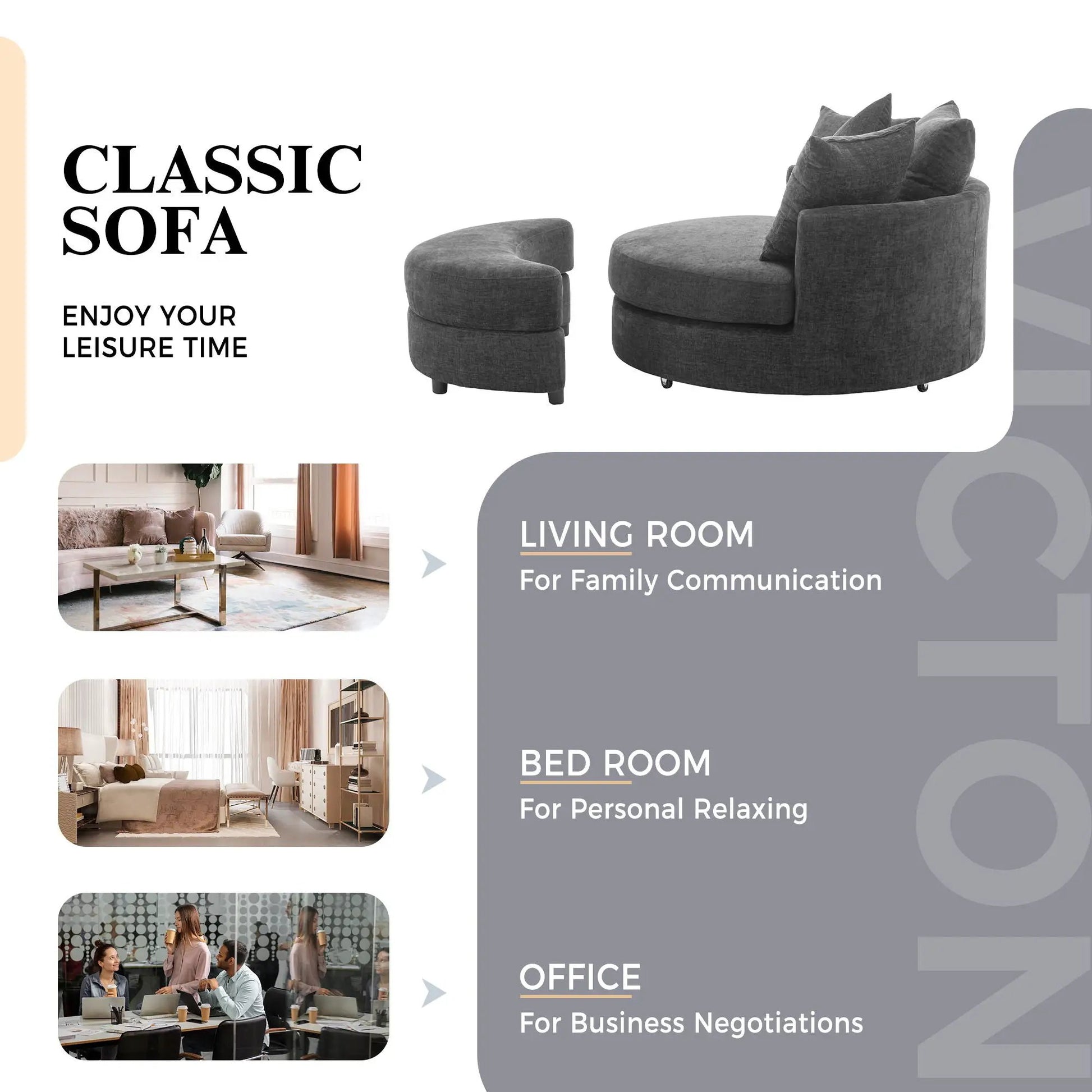 360° swivel accent barrel chair with storage ottoman and 4 pillows in charcoal gray fabric on Tampa Home & Garden Store