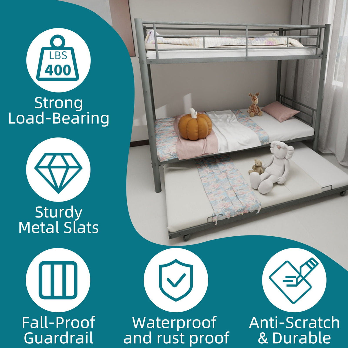 Bunk Bed for Kids by HouseOfZazla, metal twin bunk bed with ladders and guardrails, kid's room on Tampa Home & Garden Store