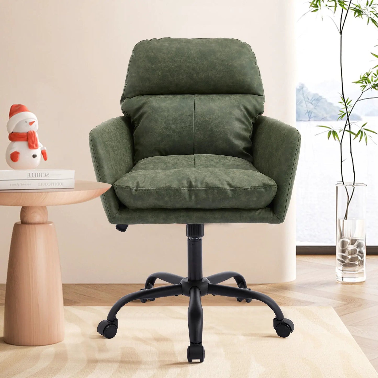 Green upholstered office chair with adjustable height, ergonomic swivel design, 5-star base on Tampa Home & Garden Store