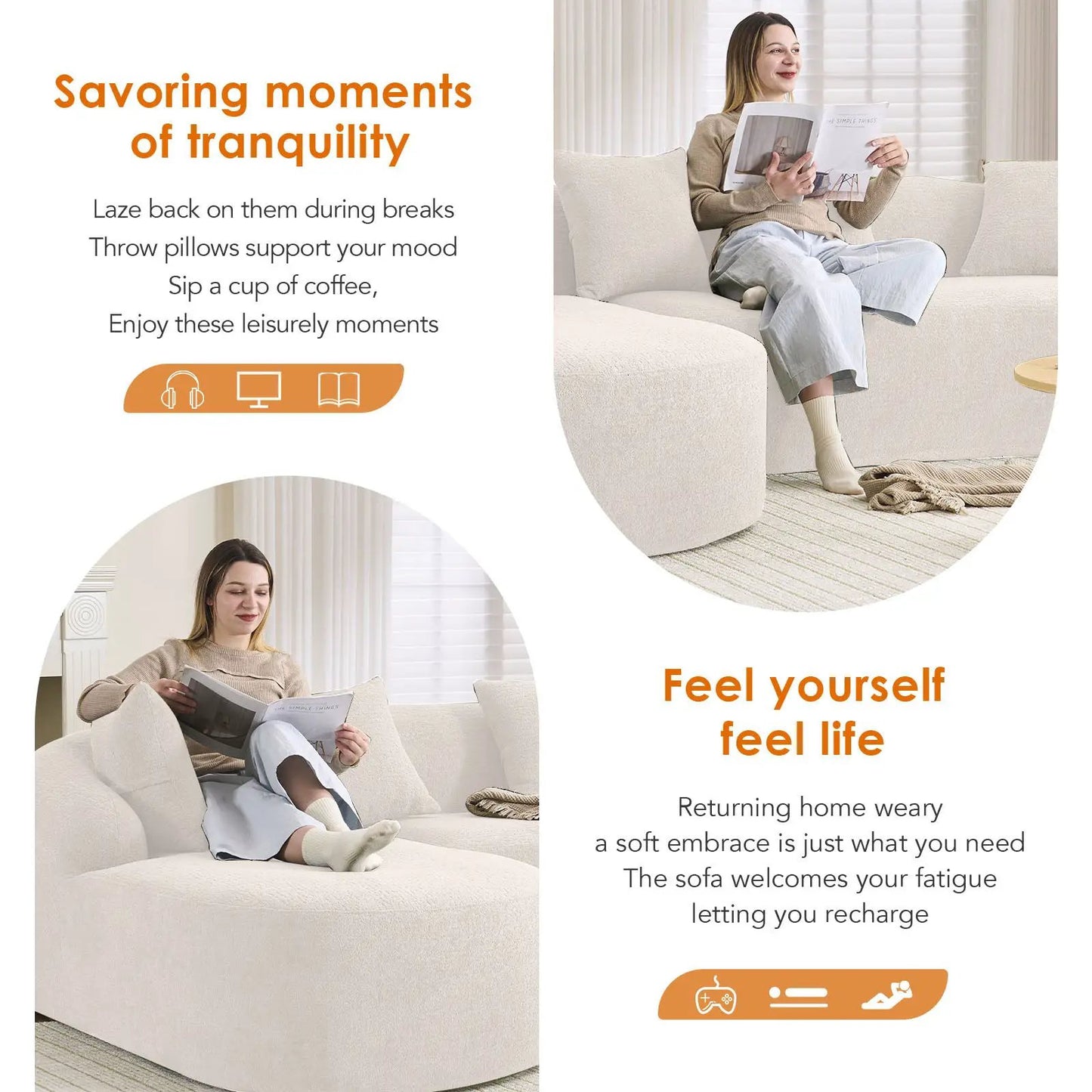 Combined Sofa With 4 Pillows stationary sectional Unique Piece Furniture woman reading on sofa on Tampa Home & Garden Store