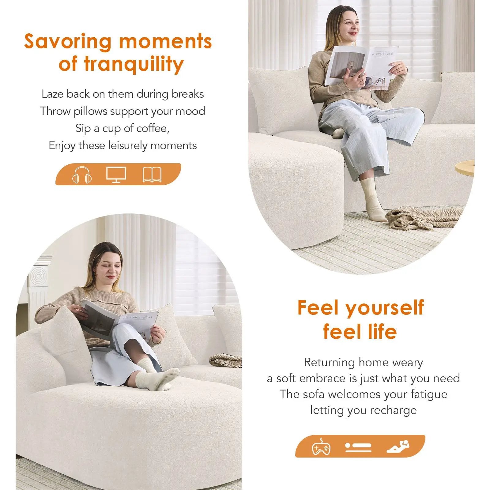 Combined Sofa With 4 Pillows stationary sectional Unique Piece Furniture woman reading on sofa on Tampa Home & Garden Store