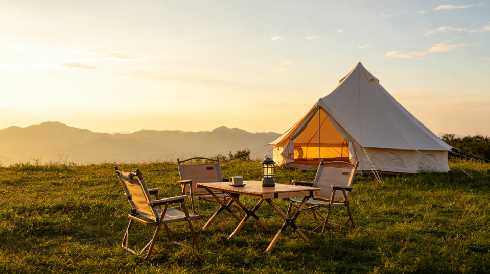 Oxford Bell Tent by HouseOfZazla, camping tent with four folding chairs around a table on Tampa Home & Garden Store