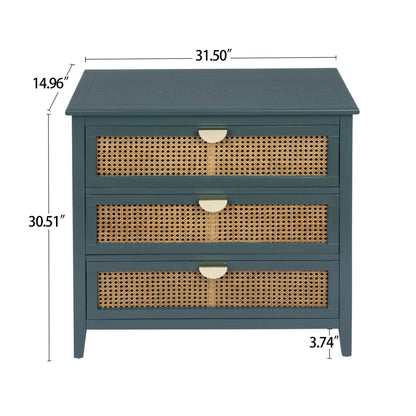 Accent Nightstand 3 Drawer Cabinet, Natural Rattan in teal frame with cane fronts HouseOfZazla on Tampa Home & Garden Store