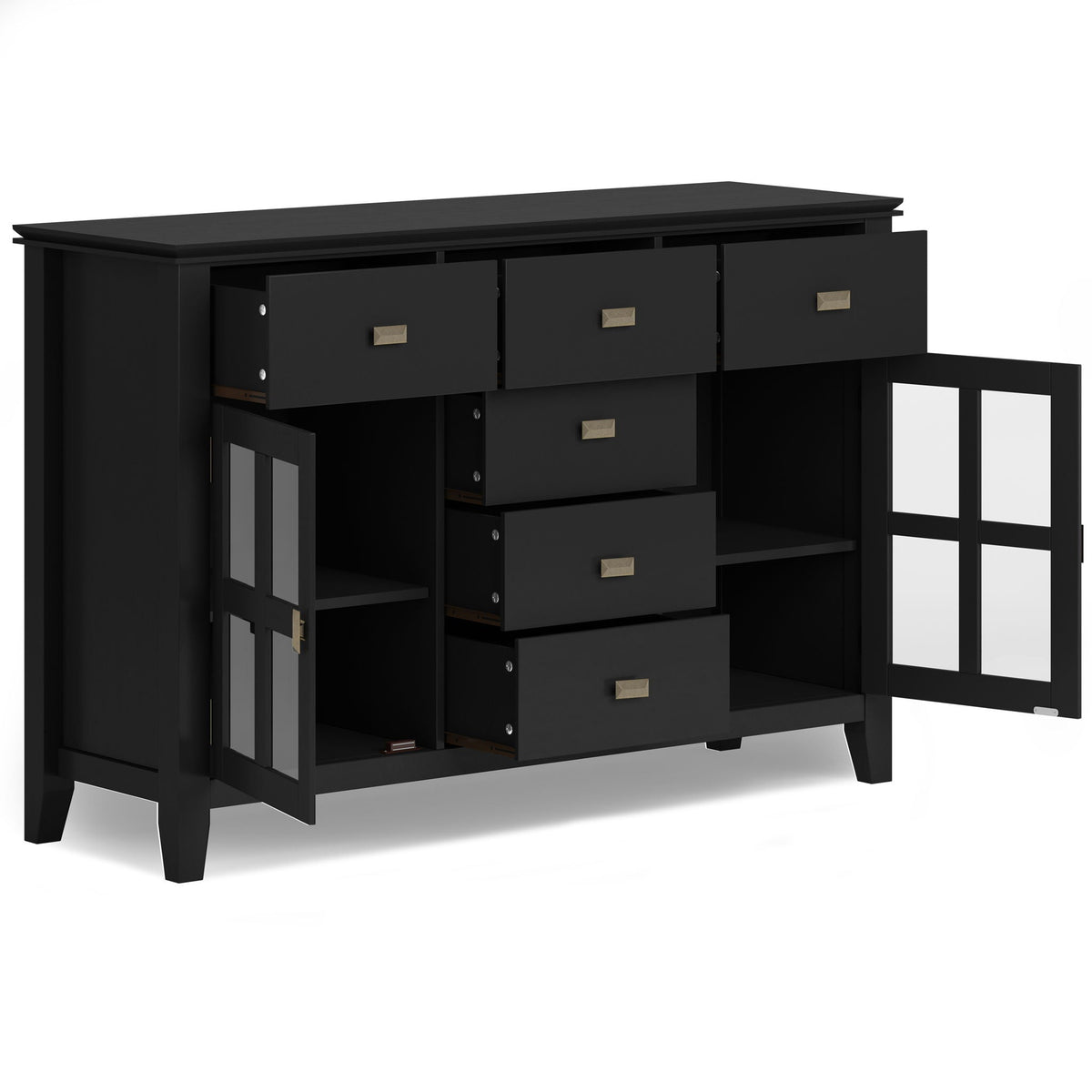 HouseOfZazla solid wood black sideboard with glass storage and brass pulls on Tampa Home & Garden Store