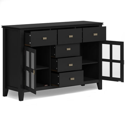 HouseOfZazla solid wood black sideboard with glass storage and brass pulls on Tampa Home & Garden Store