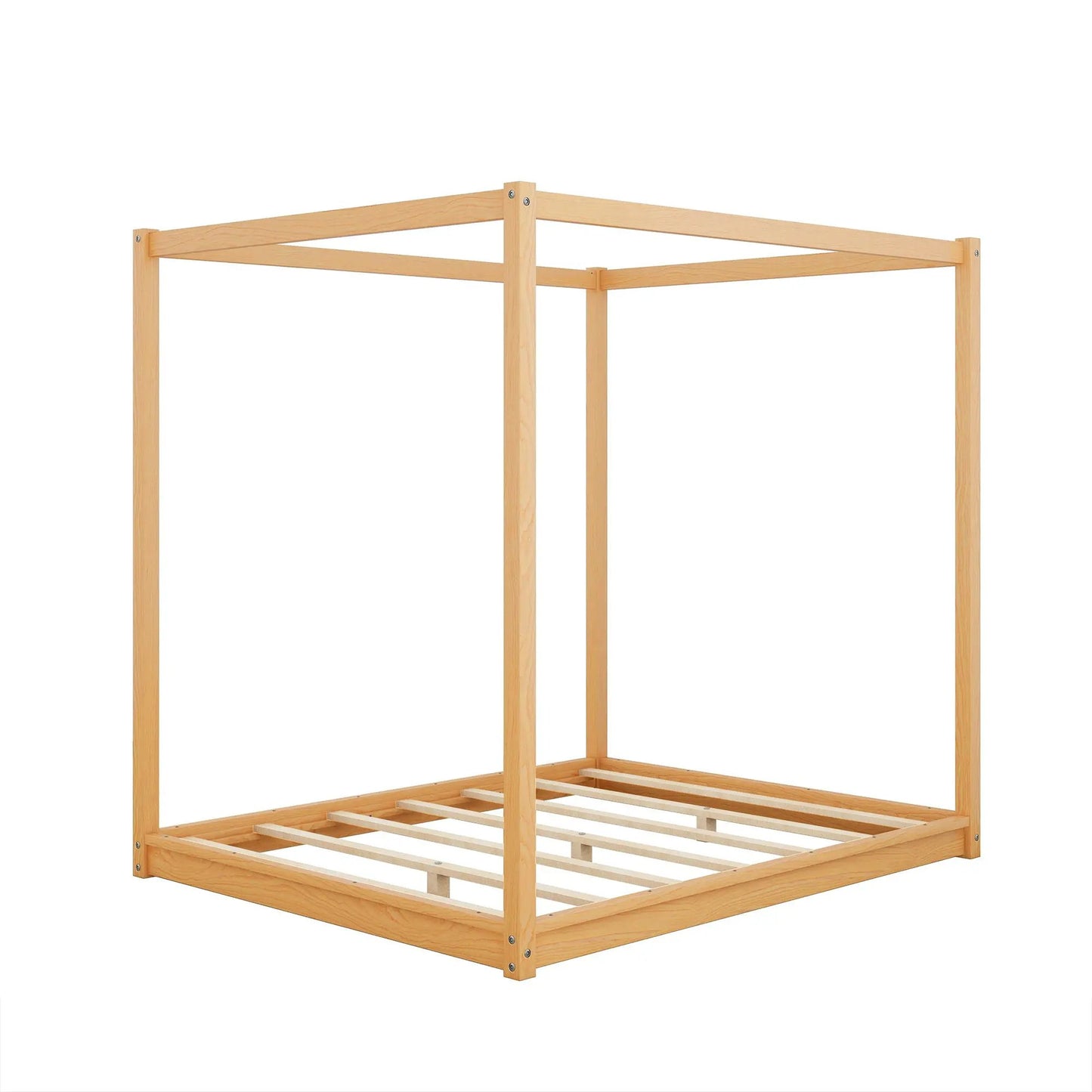Wood canopy bed frame in natural finish with airflow slats and sturdy support legs on Tampa Home & Garden Store
