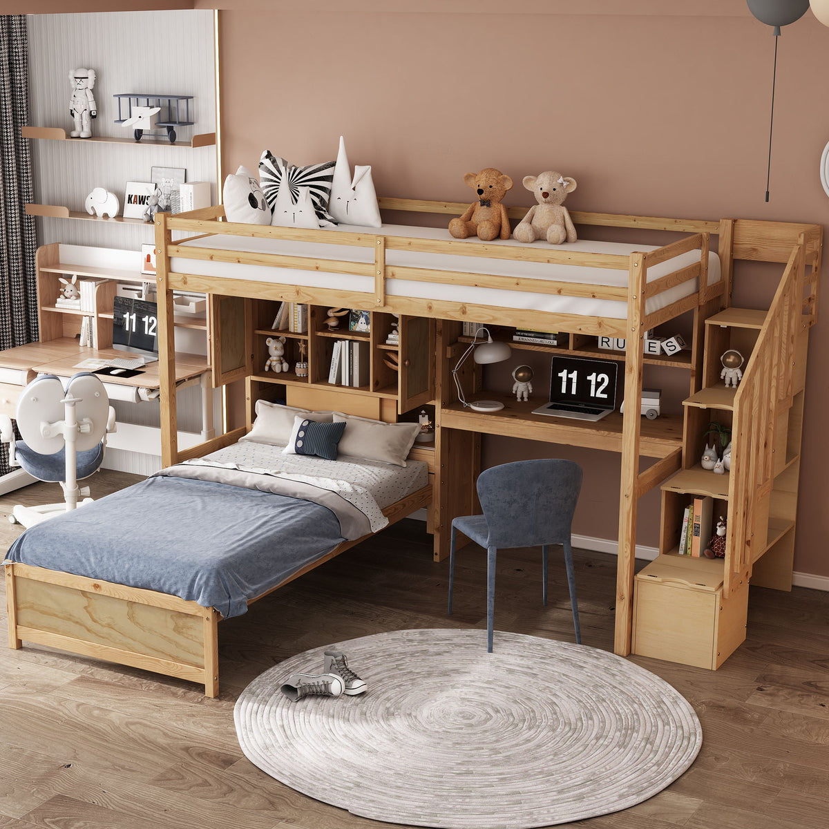 Loft bed with built-in desk and staircase by HouseOfZazla in natural wood with shelves on Tampa Home & Garden Store