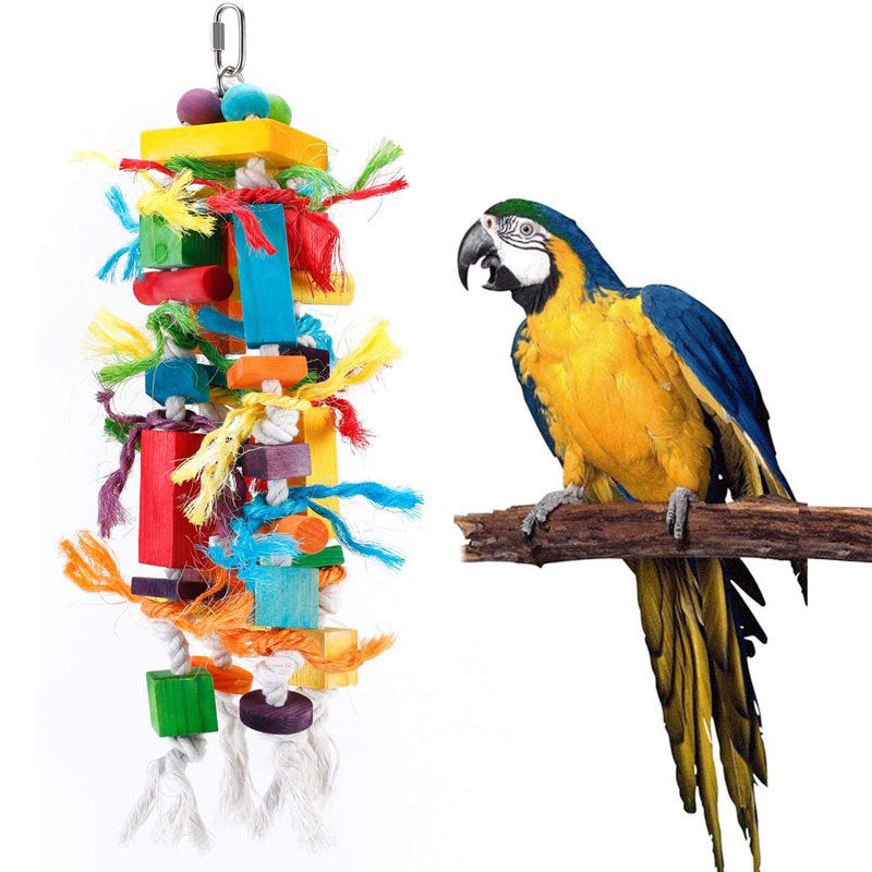 Wooden color nibbling toy for parrot, bright multi-block design with rope tassels on Tampa Home & Garden Store