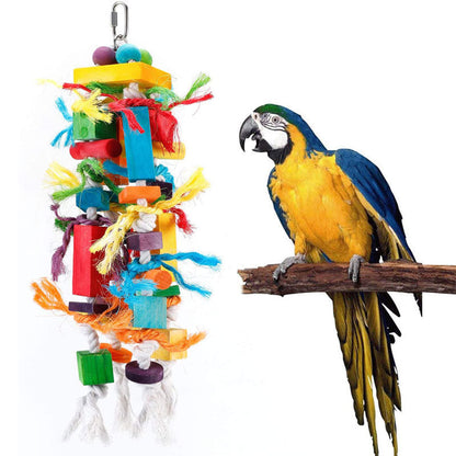 Wooden color nibbling toy for parrot, bright multi-block design with rope tassels on Tampa Home & Garden Store
