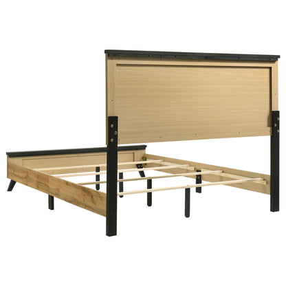 Fraser Queen Panel Bed natural wood finish with black metal frame and legs on Tampa Home & Garden Store