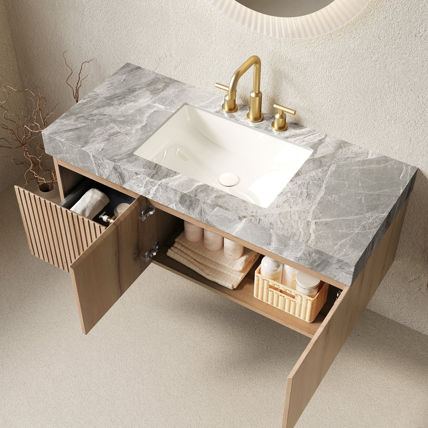 48in MURI bathroom vanity with marble countertop and gold faucet, floating plywood cabinet on Tampa Home & Garden Store
