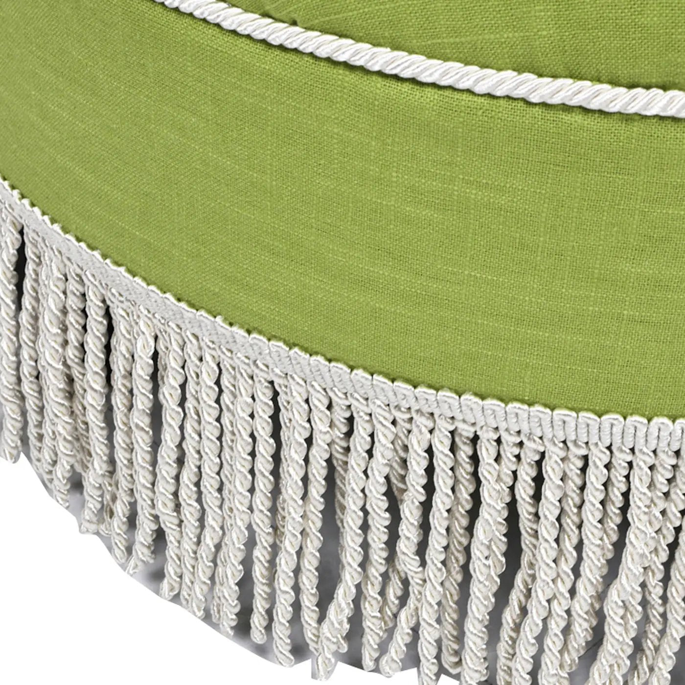 Yolanda round upholstered ottoman lime green fabric with white fringe tassels on Tampa Home & Garden Store