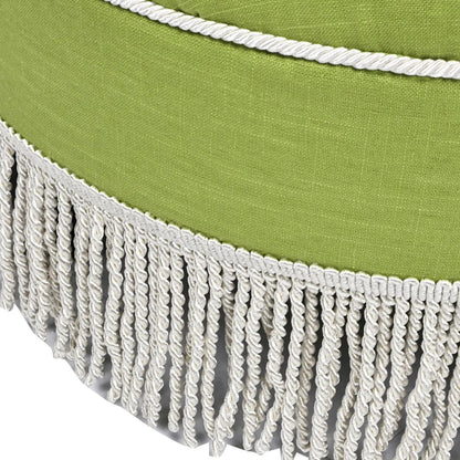 Yolanda round upholstered ottoman lime green fabric with white fringe tassels on Tampa Home & Garden Store