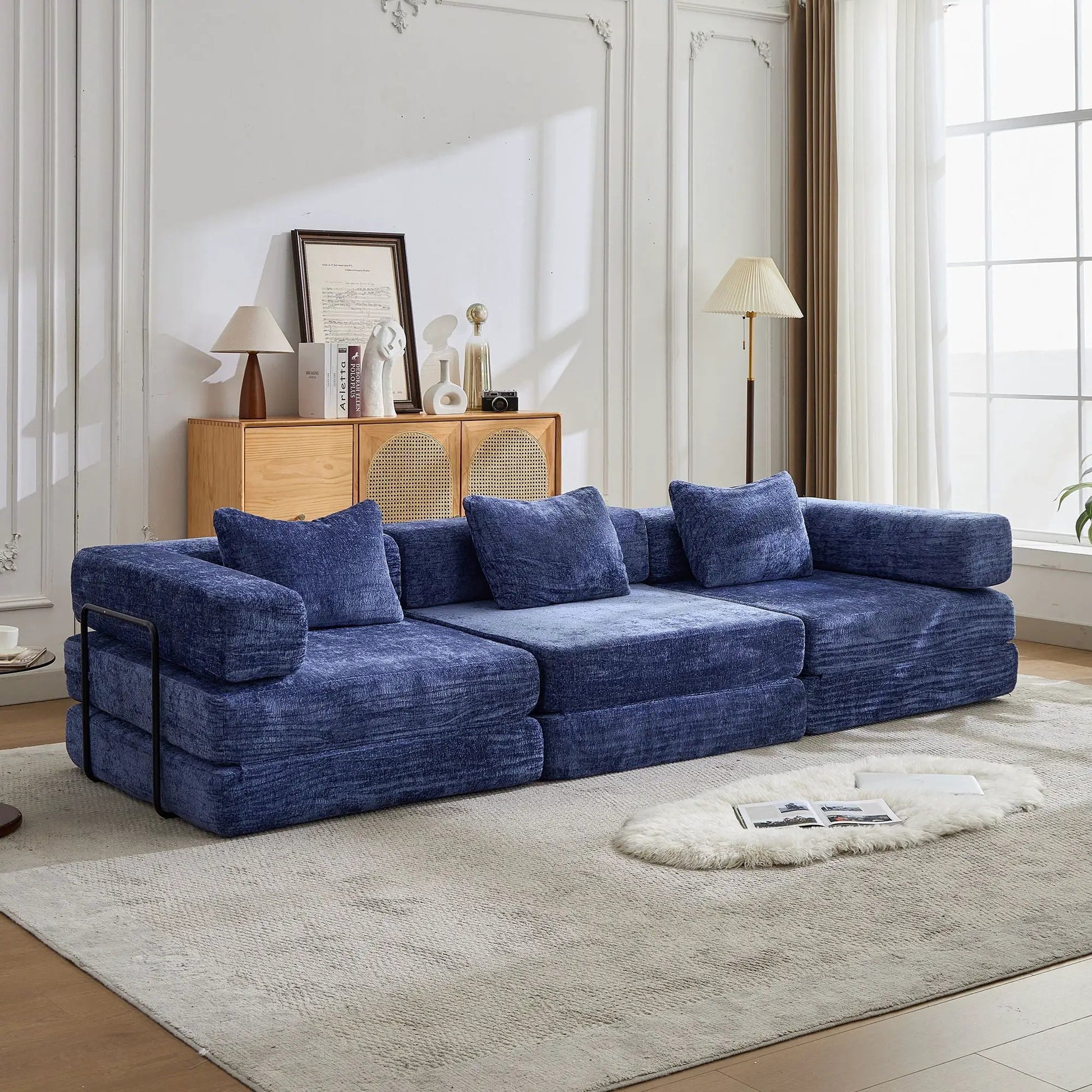 Convertible blue velvet floor sofa bed boneless modular futon sofa in living room on Tampa Home & Garden Store