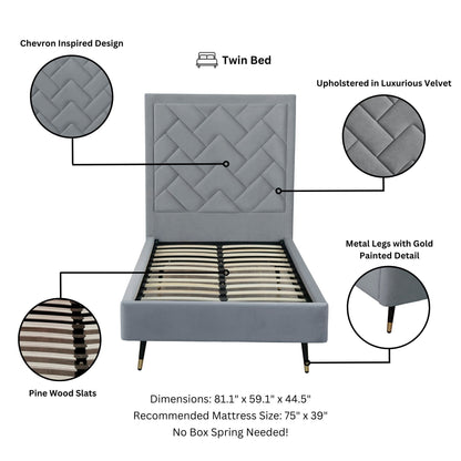 Crosby twin bed with chevron-inspired gray velvet upholstered headboard and slats on Tampa Home & Garden Store