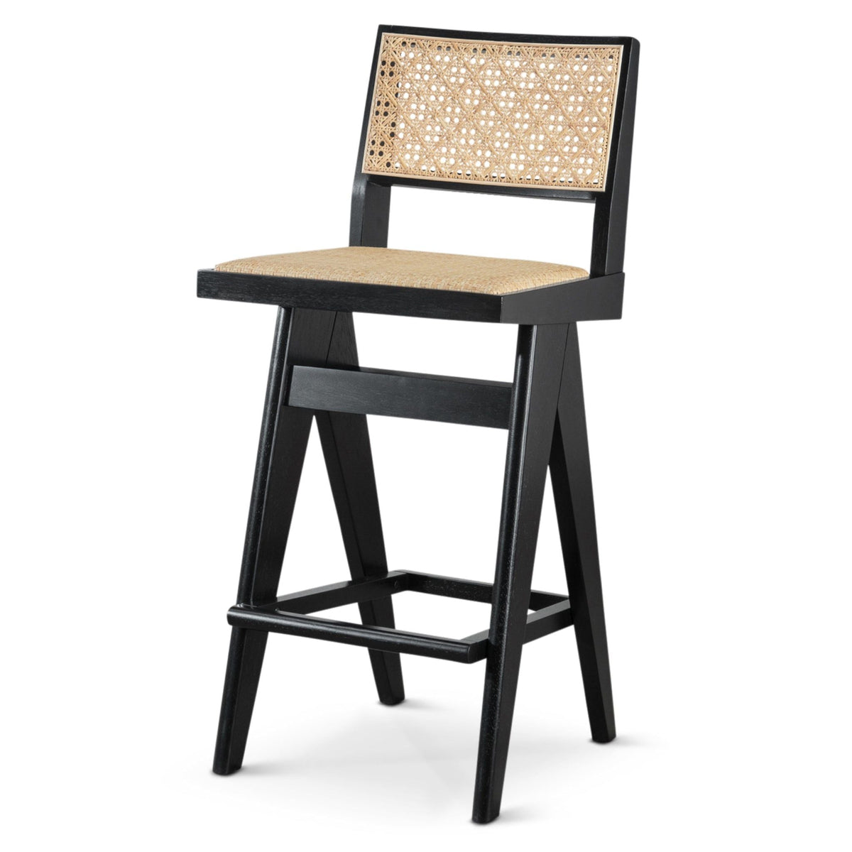 Bar stool by HouseOfZazla with black wooden frame and natural rattan back, full back support on Tampa Home & Garden Store