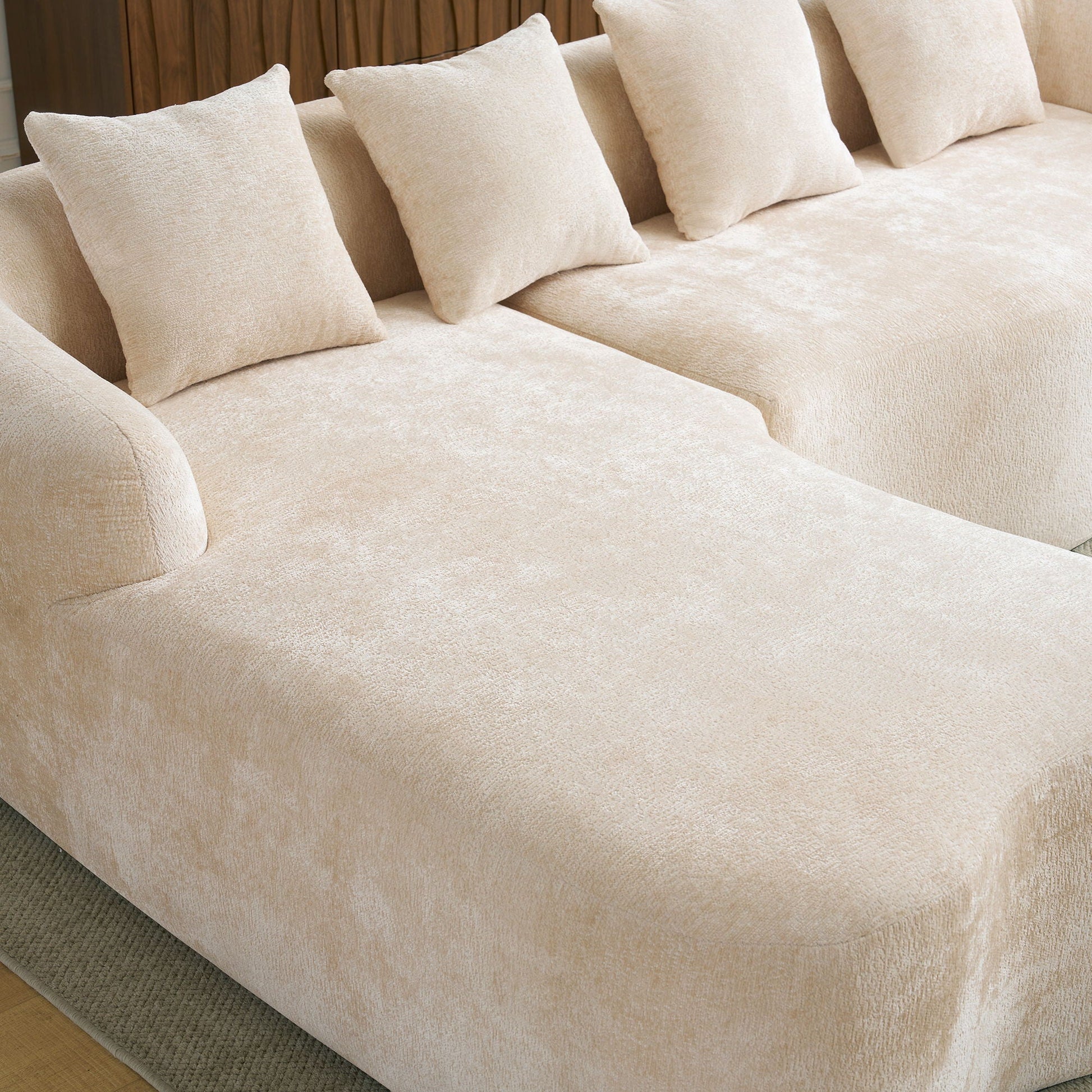Modular L-Shape Sectional Sofa with Curved Chaise beige boucle by HouseOfZazla, 4 cushions on Tampa Home & Garden Store