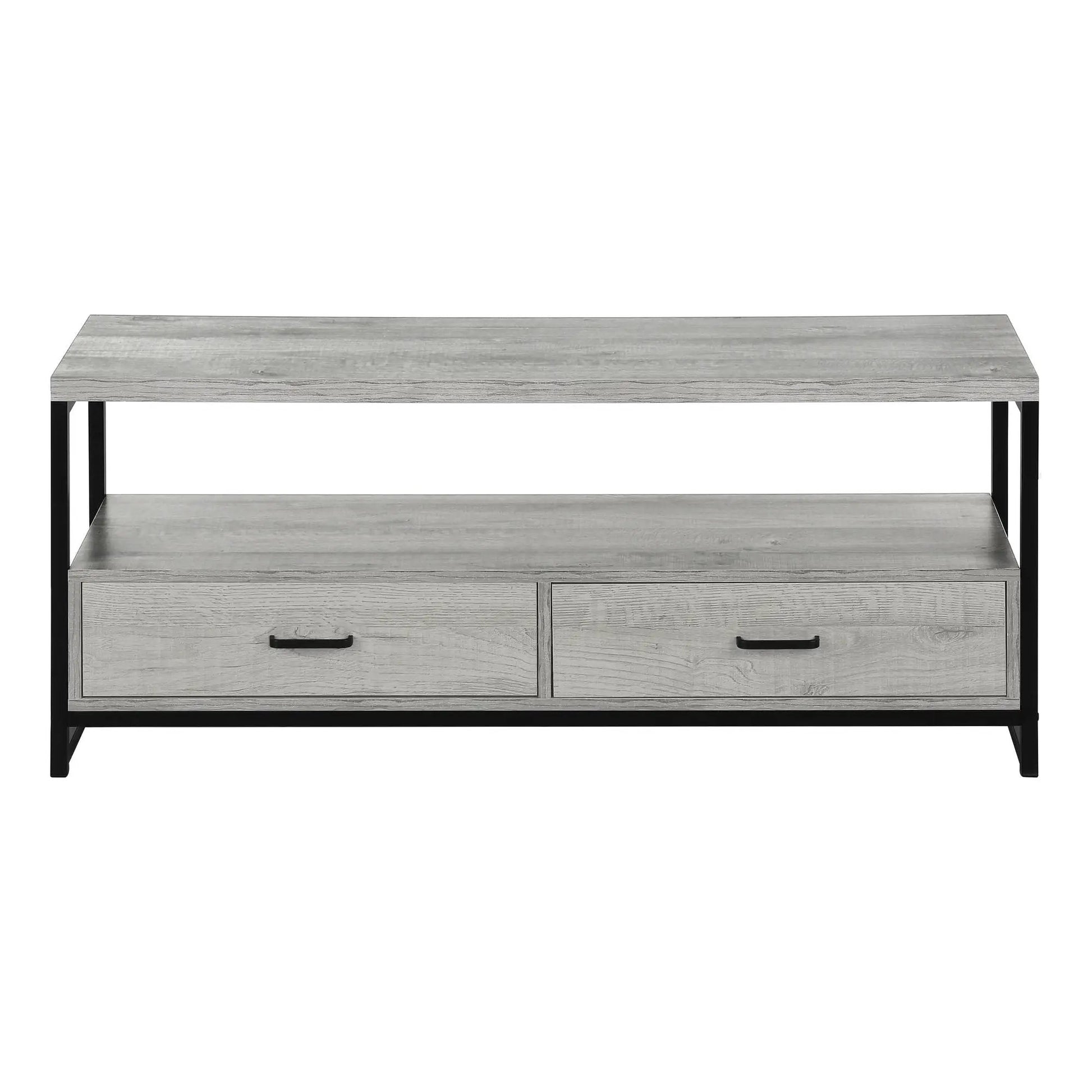 TV stand by Unique Piece Furniture in gray woodgrain with black metal frame, two drawers on Tampa Home & Garden Store