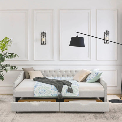 Upholstered Tufted Daybed With Drawers Waved Arms