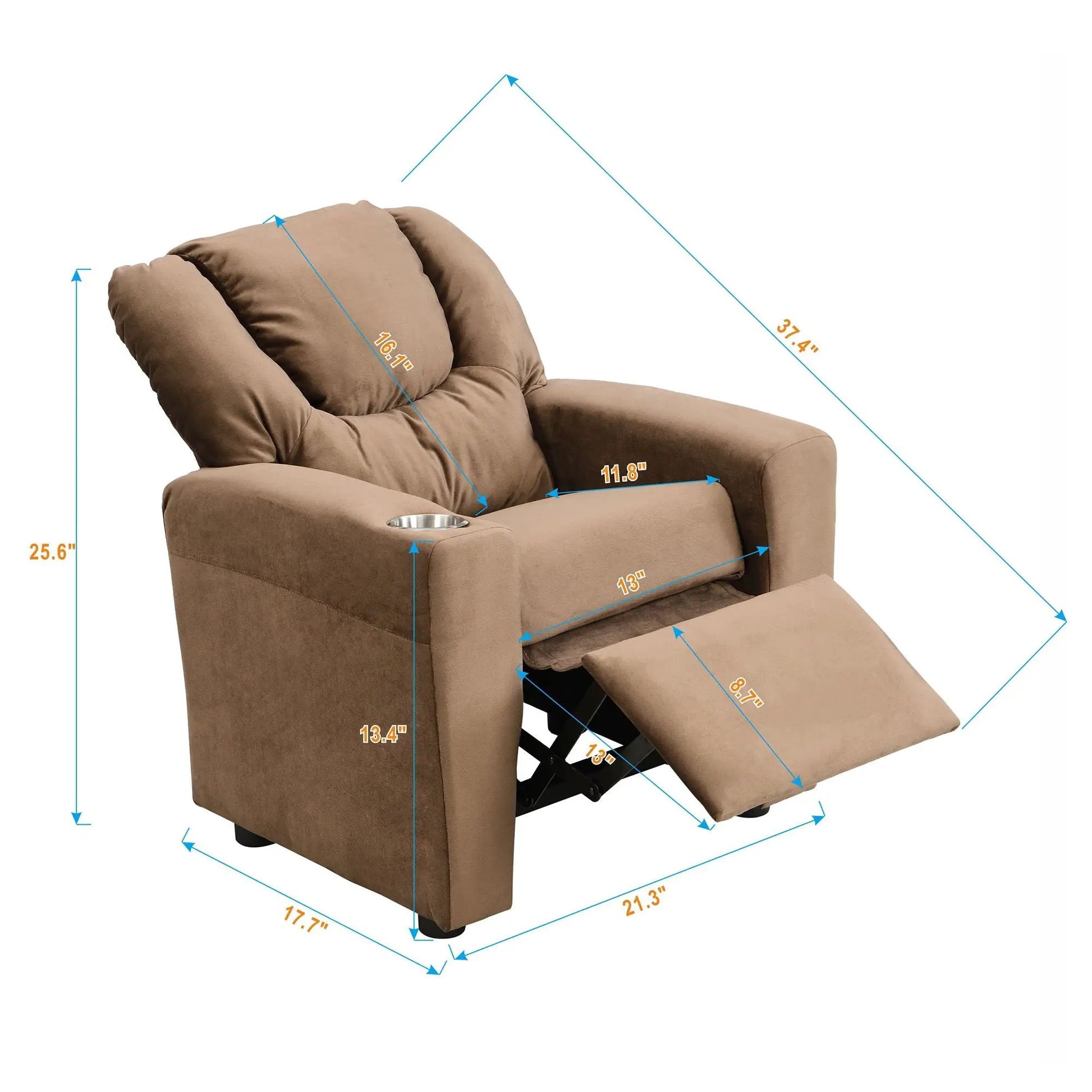 Kids recliner chair with tan microfiber upholstery, headrest, footrest, two cup holders on Tampa Home & Garden Store