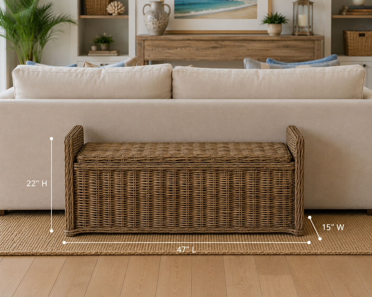 Key Largo Rattan Storage Bench, brown wicker, 47" L x 22" H x 15" W, The Broward Design Center on Tampa Home & Garden Store