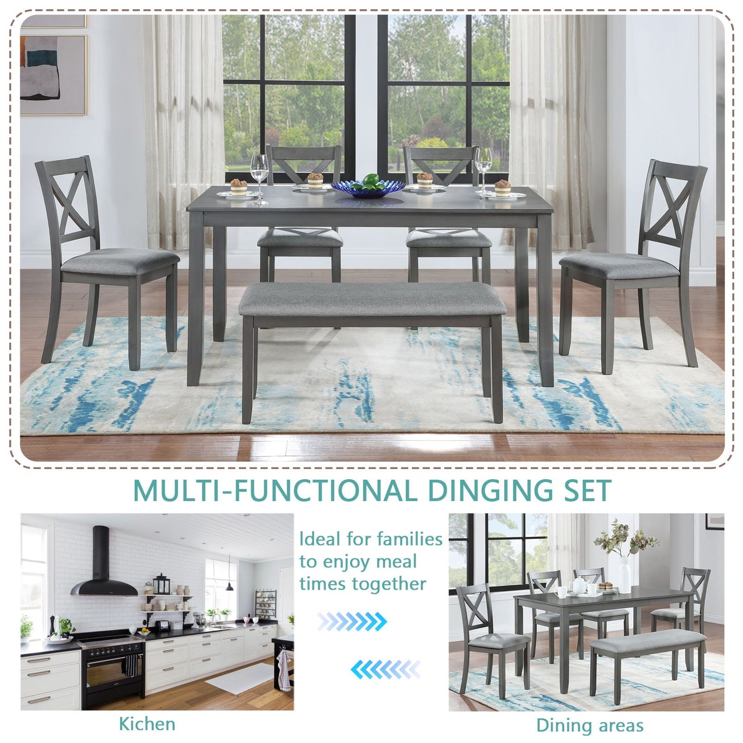 Six Piece Dining Set With A Bench And Four Chairs