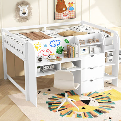 Low loft bed with built-in desk, open bookcase, doodle board and side storage in white finish on Tampa Home & Garden Store