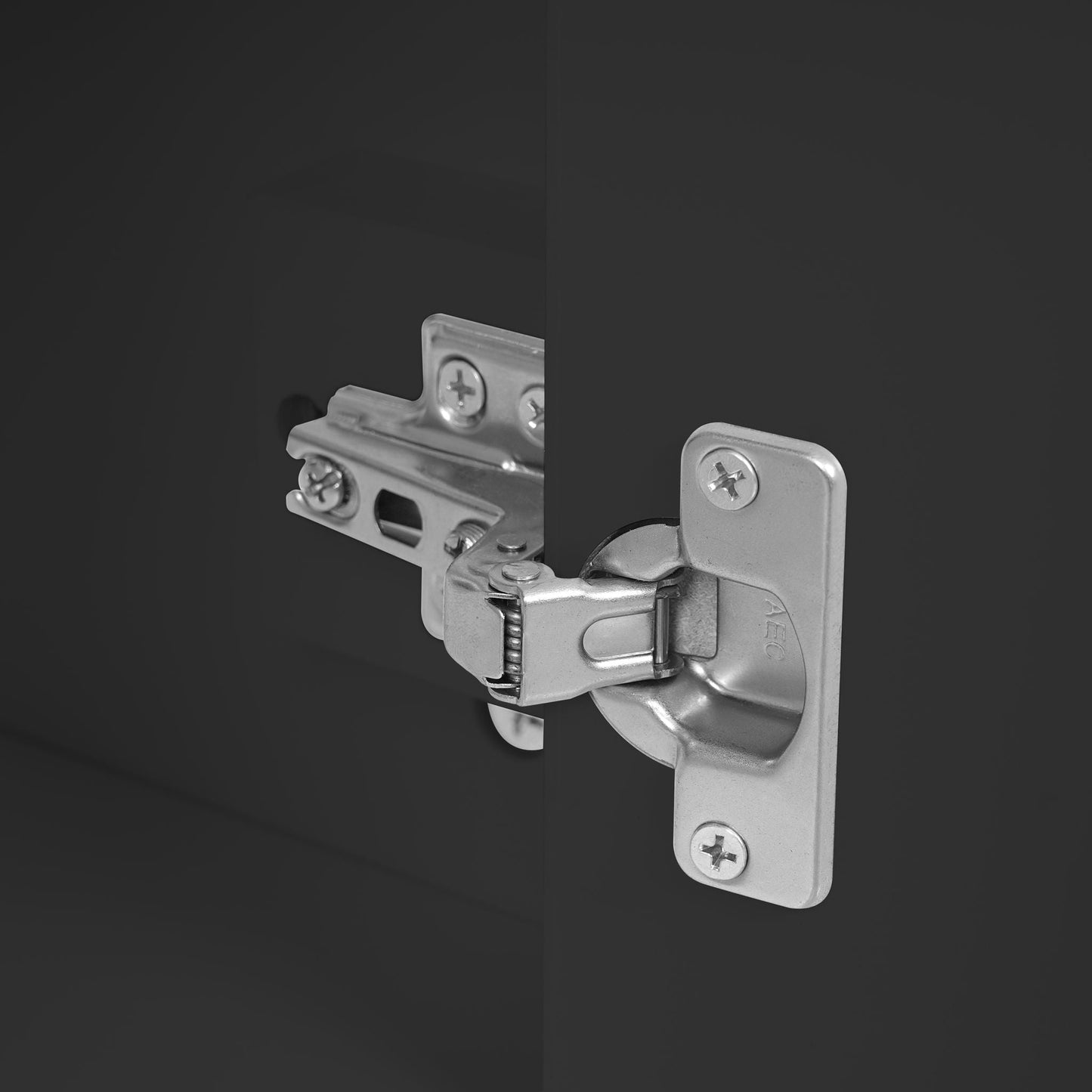 Vanity cabinet hinge close-up in silver metal for modern bathroom vanity hardware on Tampa Home & Garden Store