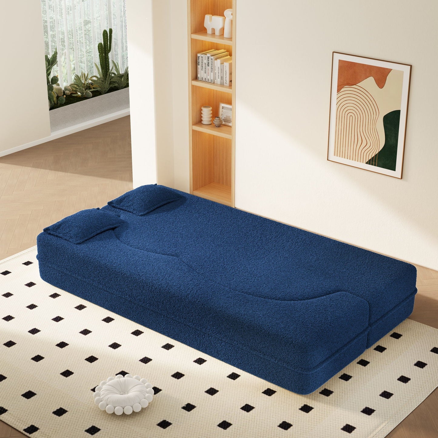 Modern Floor Sleeper Sofa Bed And Two Pillows
