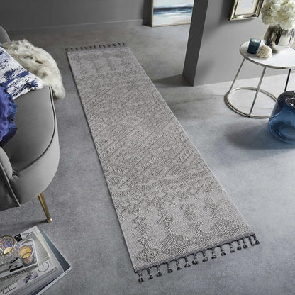 Guros traditional indoor/outdoor rug, gray woven runner with fringe by Unique Piece Furniture on Tampa Home & Garden Store