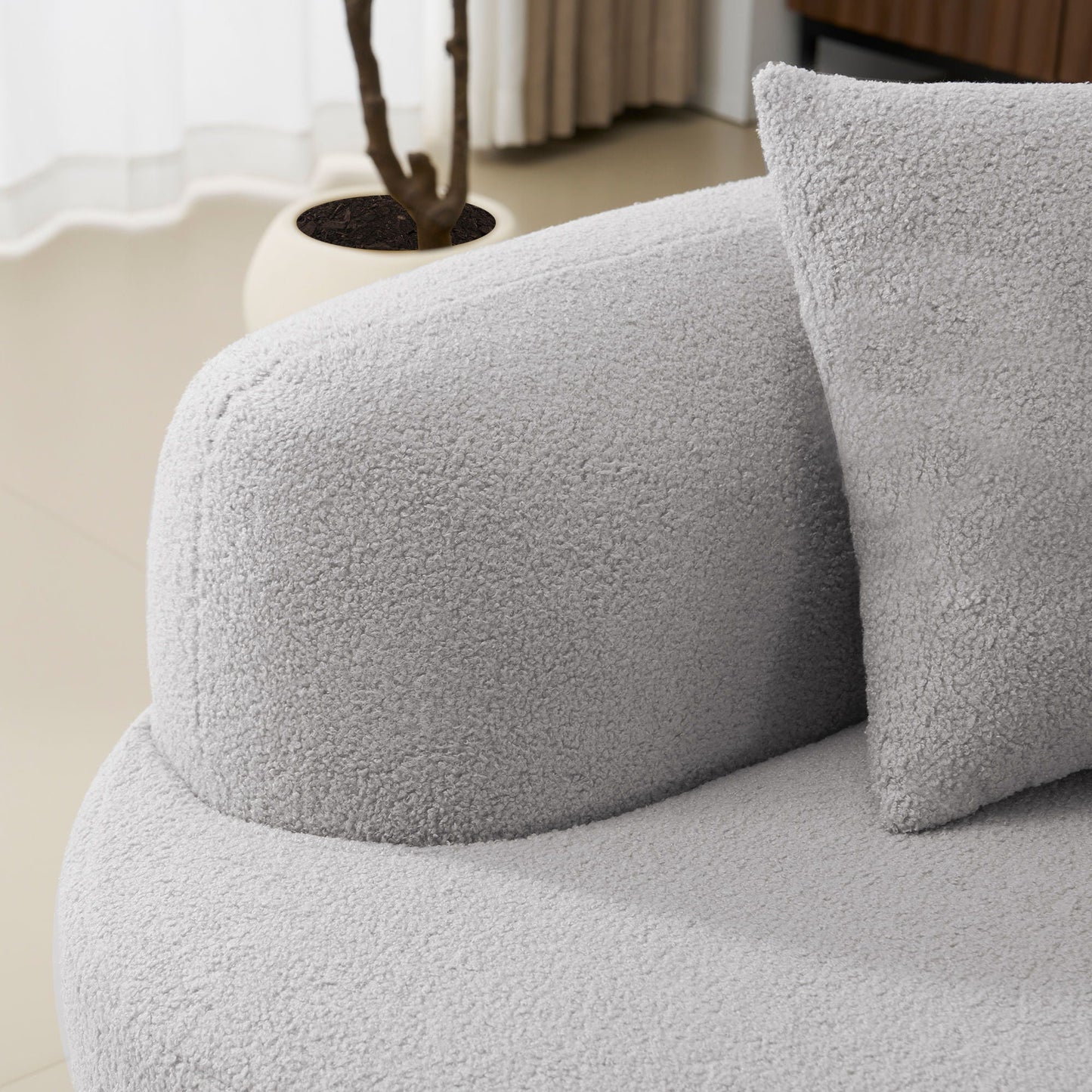Curved 4 Seater Full Compression Sponge Sofa in light gray boucle fabric on Tampa Home & Garden Store