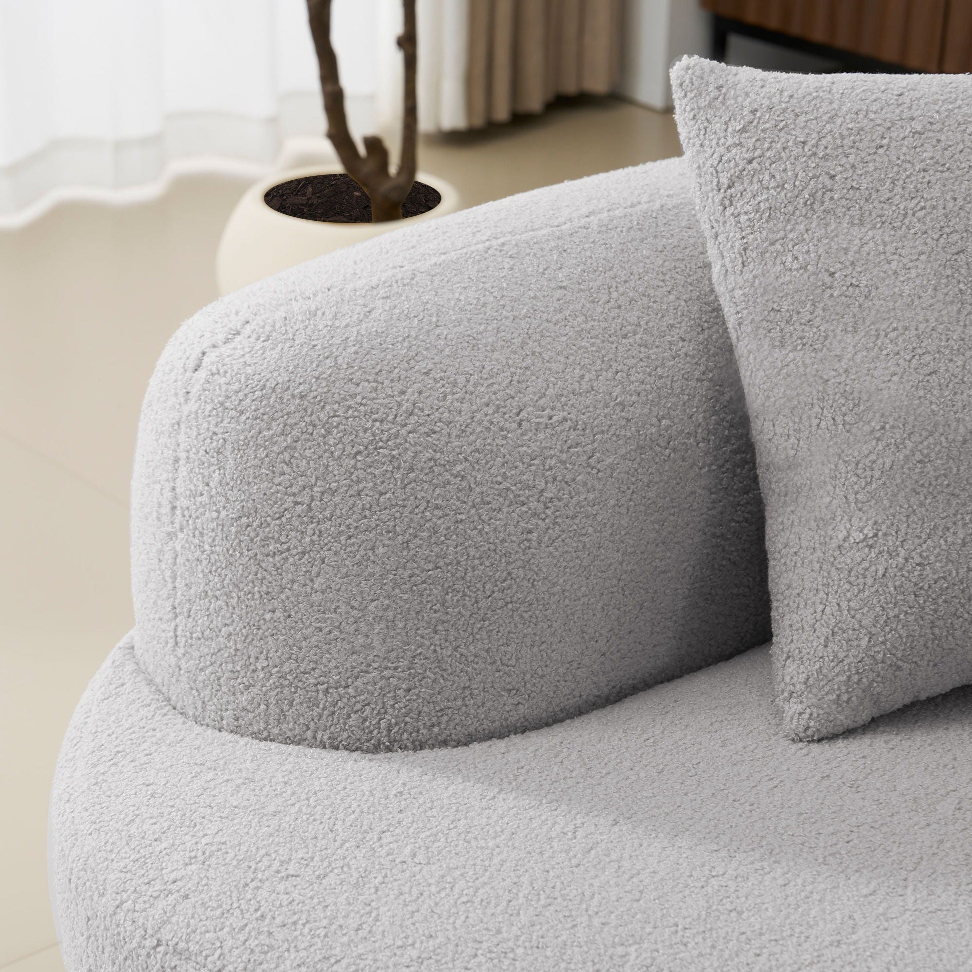 Curved 4 Seater Full Compression Sponge Sofa in light gray boucle fabric on Tampa Home & Garden Store
