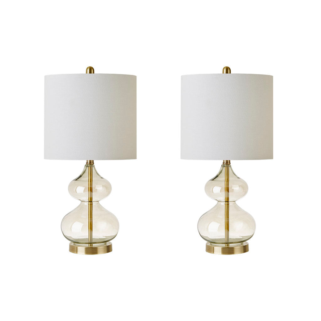 Ellipse curved glass table lamp set of 2 with white drum shades and brass bases by HouseOfZazla on Tampa Home & Garden Store