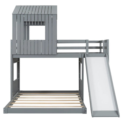 Loft bunk bed with playhouse in gray, metal frame with wooden slat base, ladder and slide on Tampa Home & Garden Store